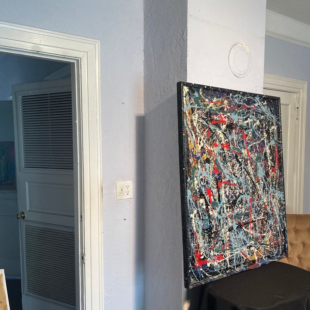 Mid-Century Modern Titled "Jackson Pollock" Artwork by John Frates, After Jackson Pollock, Mid Century Modern, Drip and Pour, Abstract # 1714, Hang Multi-Directional For Sale - Image 3 of 9