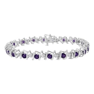 .925 Sterling Silver, Lab Created Gemstone and 1/6 Cttw Round Diamond Tennis Bracelet (H-I Color, I1-I2 Clarity)Created Purple Amethyst,Feb Birthstone For Sale