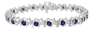 .925 Sterling Silver, Lab Created Gemstone and 1/6 Cttw Round Diamond Tennis Bracelet (H-I Color, I1-I2 Clarity)Created Purple Amethyst,Feb Birthstone