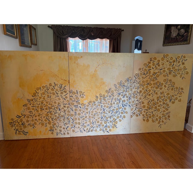 Original three-panel painting - hand-painted botanical composition in gold and cream with darker accents. A single...