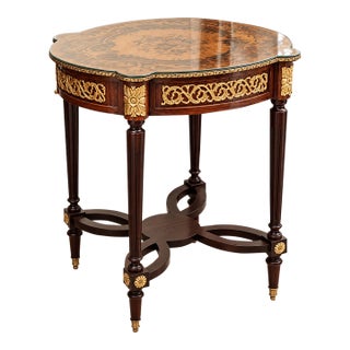 French-Inspired Wood Side Table – Glass Top With Gilded Bronze & Gold Leaf Details For Sale