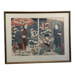 Antique 19th Century Japanese Edo Woodblock Diptych of Kabuki Actors by Toyokuni III Utagawa, 1859