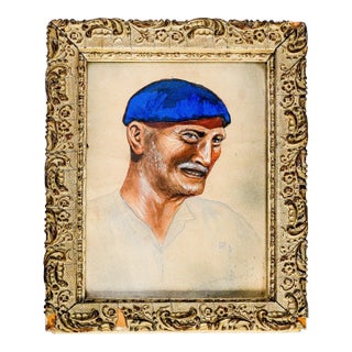 Colorful Antique French Gouache Portrait Painting of Man With Ornate Frame For Sale