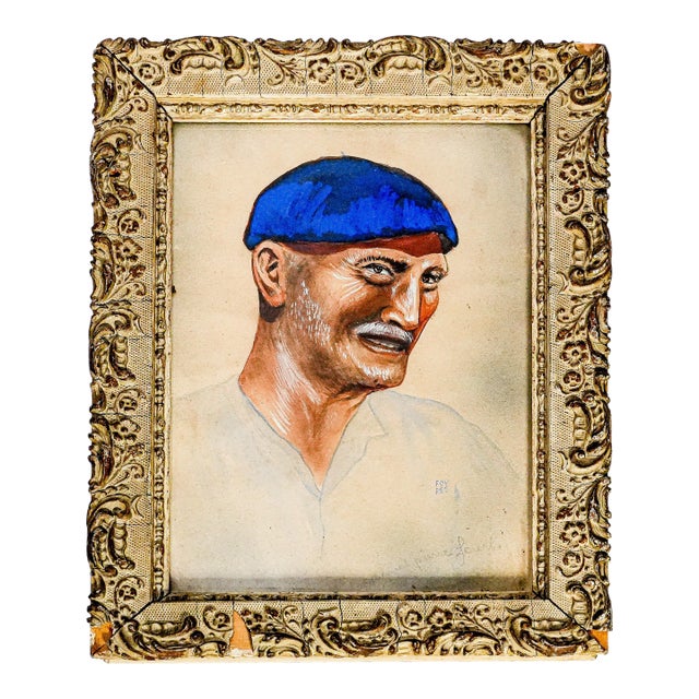 Colorful Antique French Gouache Portrait Painting of Man With Ornate Frame For Sale