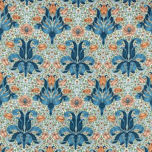 Morris & Co Spring Thicket Fabric in Paradise Blue/Peach - a Sample For Sale