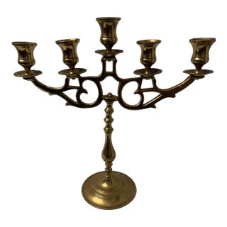 Vintage Heavy Solid Brass 5-Arm Candleabra - Ornate Taper Candle Holder Centerpiece For Sale