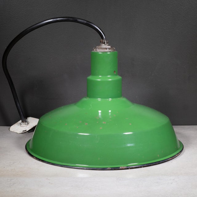 Vintage 18" Enameled Porcelain Green Industrial Pendant Lights c.1930-Set of 3 For Sale - Image 4 of 16