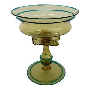 Vintage Art Deco Stuben Yellow and Blue Art Glass Compote