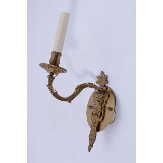 French Pair of Antique French Style Brass Electrified Wall Sconces For Sale - Image 3 of 12