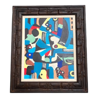 Contemporary Original Stephen Heigh Abstract Painting “Jazz & Blues” Vintage Chunky Carved Wood Frame For Sale