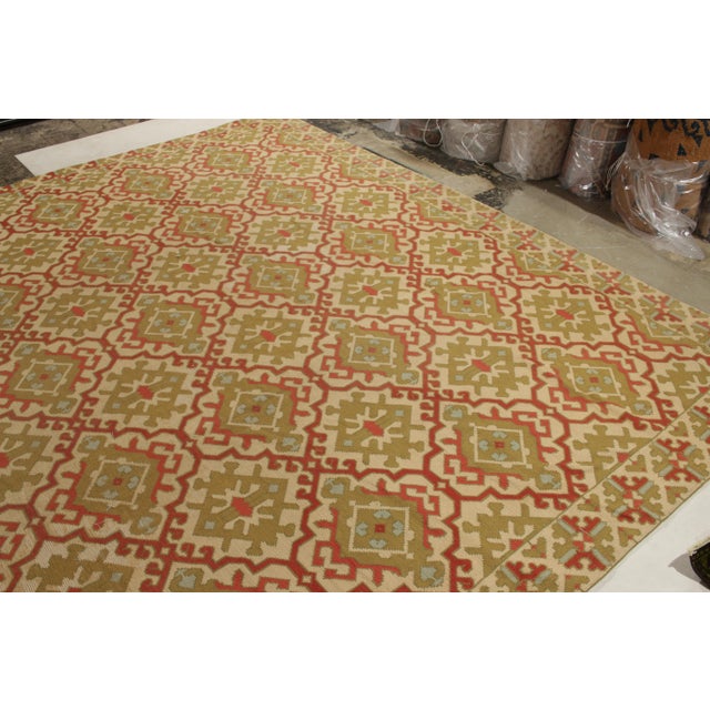 Rug & Kilim 1950s Vintage Spanish Needlepoint Rug in Green Red and Yellow Geometric Pattern For Sale - Image 4 of 8