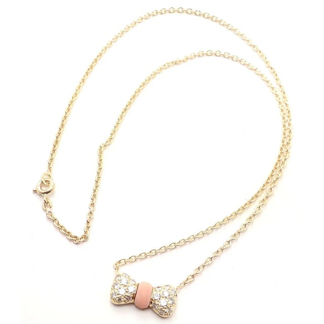 Gold Van Cleef & Arpels 18k Yellow Gold Diamond Coral Bow Pendant Necklace For Sale - Image 8 of 8