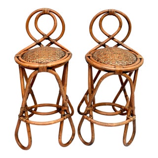 Vintage Bent Bamboo & Grasscloth Barstools For Sale