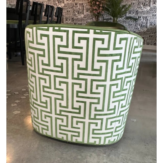 Custom Swivel Chair With Green Performance Fabric & Thibaut “Green Ming” Back For Sale In Houston - Image 6 of 7