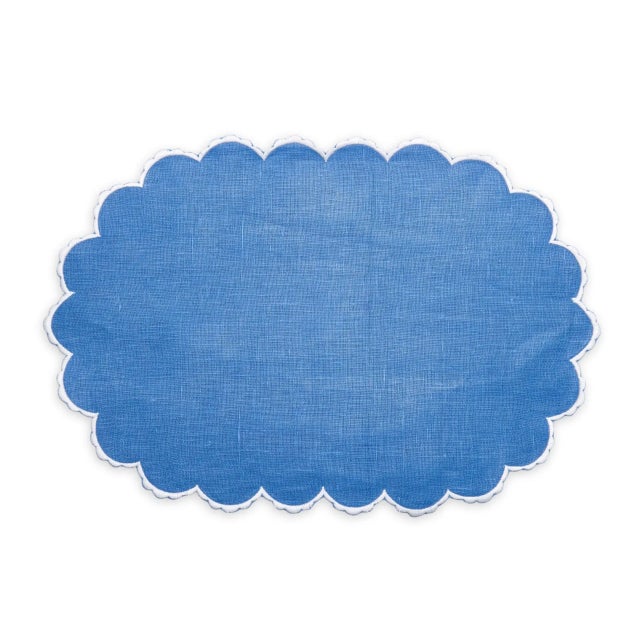 English Deborah Rhodes Petal Scallop Oval Linen Placemat, Ocean, Set of 4 For Sale - Image 3 of 3