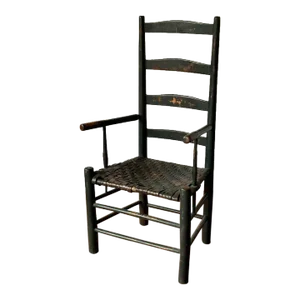 Early 19th Century Early American Ladder Back Arm Chair in Old Black Paint