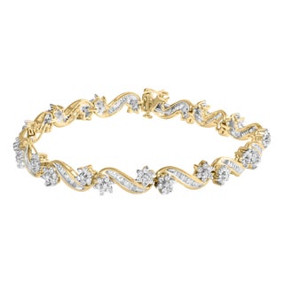 10k Yellow Gold 3.00 Cttw Round-Cut and Baguette-Cut Floral Link 7.25" Bracelet (I-J Color, I1-I2 Clarity) For Sale