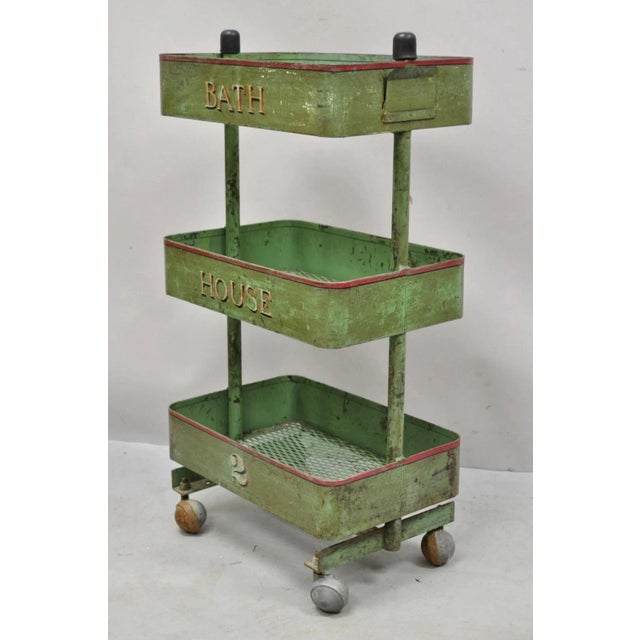 Antique "Bath House 2" Green Painted Metal 3 Tier Rolling Bathroom Trolley Cart For Sale - Image 12 of 12
