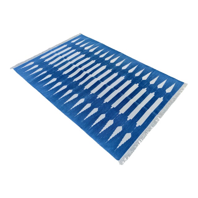 Handmade Cotton Natural Vegetable Dyed Flat Weave Reversible Blue and White Striped Rug - 12'x15' For Sale