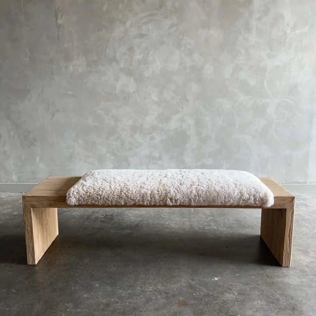 Casi Norwegian Sheep Upholstered Elm Bench - Off Center For Sale - Image 4 of 7