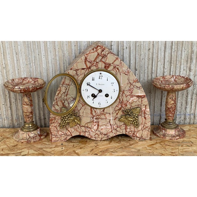Art Deco Art Deco Pink Marble Set of Mantle, Desk or Chapel Clock With Bronze Details For Sale - Image 3 of 11