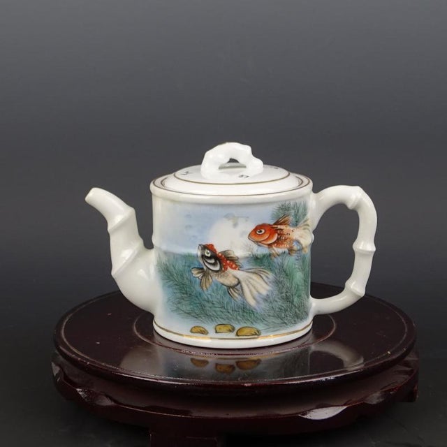 Rose Chinese Vintage Porcelain Tea Pot China Famille Rose Porcelain Tea Pot Hand Painted Goldfish Pattern For Sale - Image 8 of 8