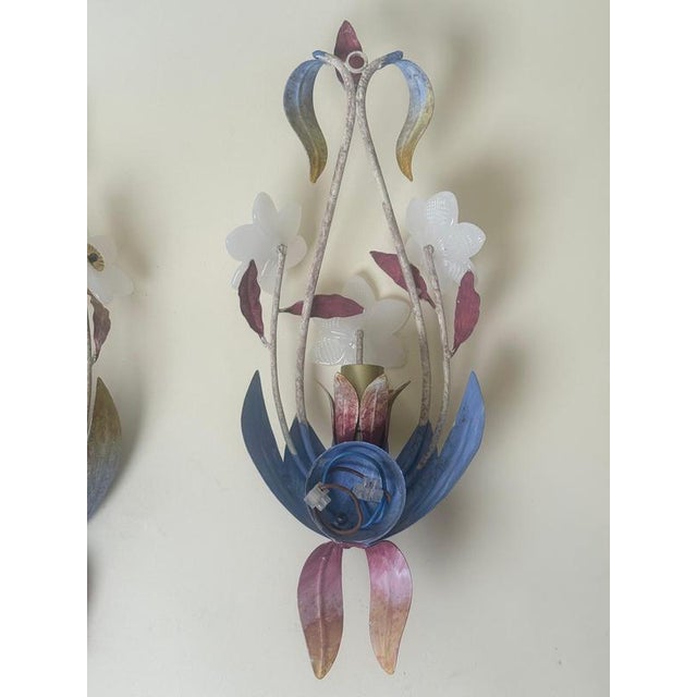 Italian Hollywood Regency Murano Glass Flower Wall Sconces, 1970s, Set of 2 For Sale - Image 10 of 17