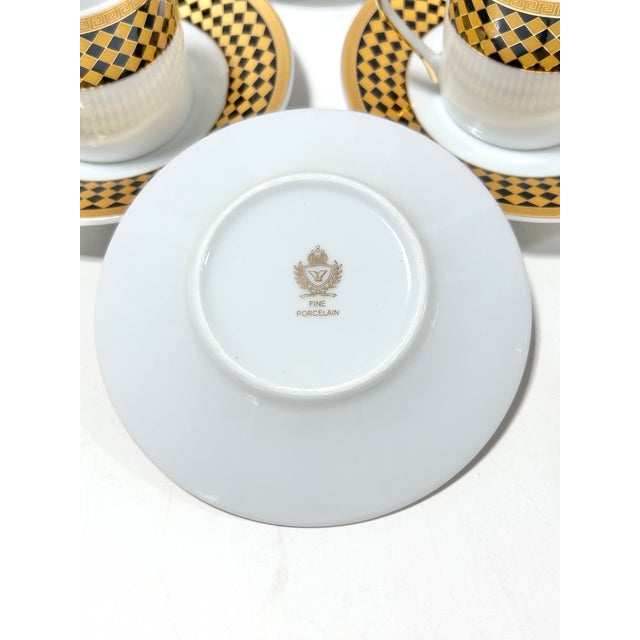 Metal Vintage Porcelain Espresso Set With 18k Gold Harlequin Pattern & Greek Key Rim – 6 Cups & Saucers For Sale - Image 7 of 10