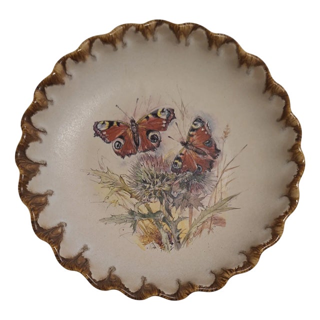 Vintage German Wall Plate in Cream-Colored Ceramic with Colorful Butterfly Motif from Silberdistel, 1970s For Sale