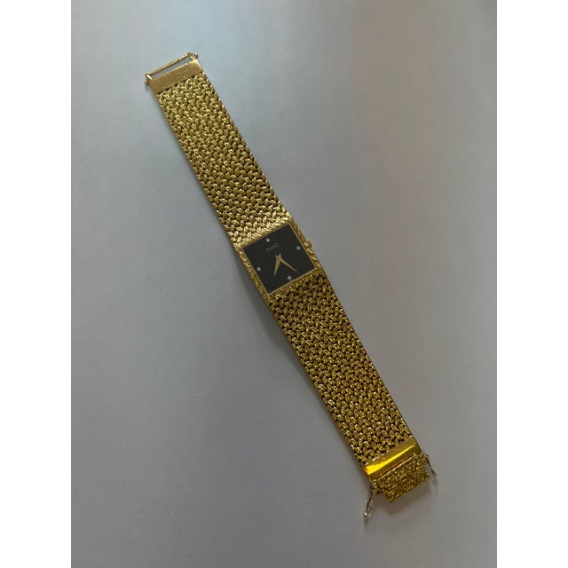 Metal Piaget Black Diamond Dial 18 Karat Yellow Gold Mesh Design Vintage Estate Watch For Sale - Image 7 of 12