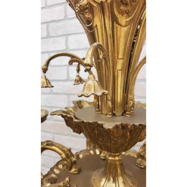 Antique Italian Baroque Styled Ornate Figural Ormolu Solid Brass 12 Candle Lamp 3 Tier Chandelier - Pair