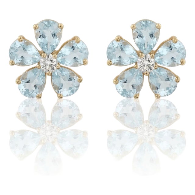 Classic Aquamarine Stud Earrings • Flower Cluster Blossom Earrings • March Birthstone Studs • a Pair For Sale