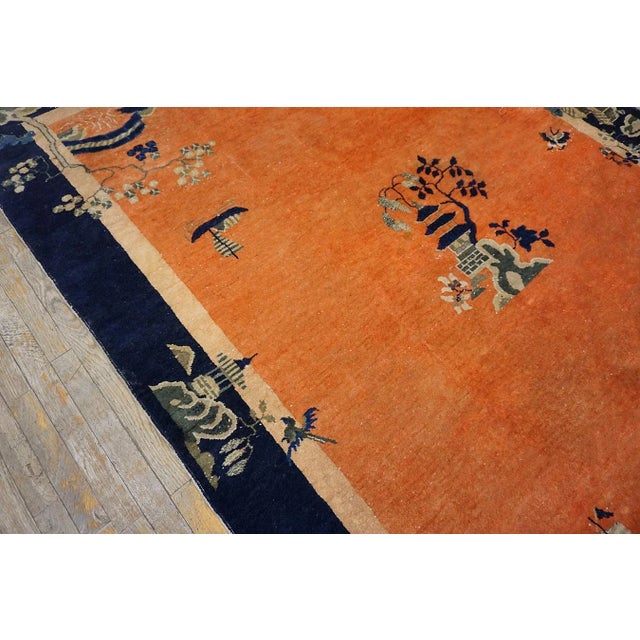 Textile 1920s Orange Medallion Scene Antique Chinese Art Deco Carpet 6 'X 8'6" Knotted Wool Rug For Sale - Image 7 of 15
