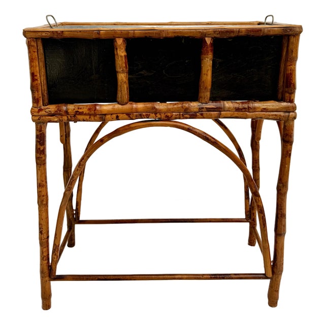 Vintage Bamboo Jardinière Planter Stand With Removable Galvanized Liner For Sale