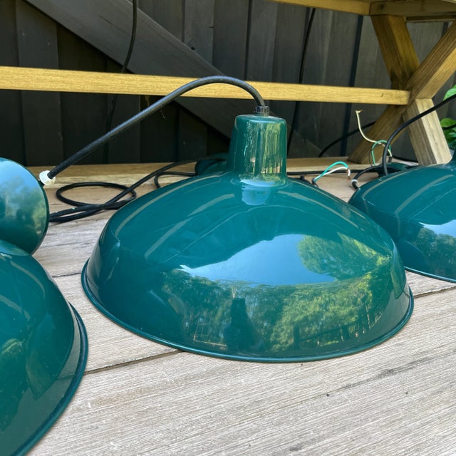 Industrial-Style Enamel Barn Pendant Lights – Green & White-Set of 11 For Sale In Atlanta - Image 6 of 11