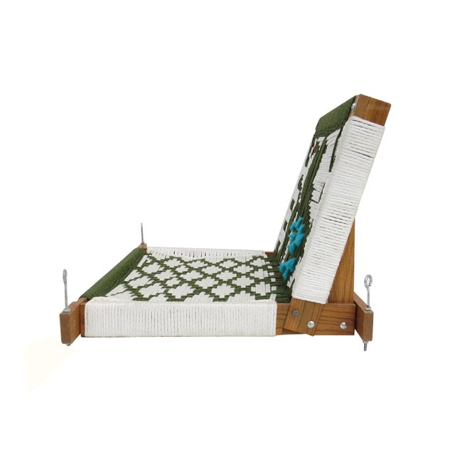 Mid 20th Century Vintage Oak and Yarn Woven Hanging Chair Featuring a Stylistic Peacock Image For Sale - Image 5 of 10