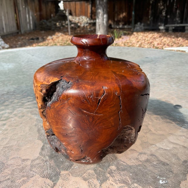 Mid Century Burl Wood Vase With Original Glass Insert For Sale - Image 4 of 6