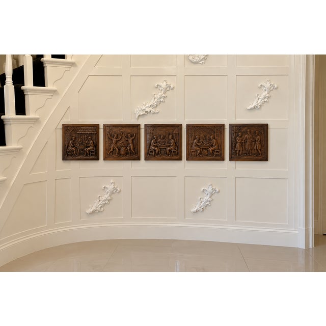 Antique Victorian Flemish Tavern Scene Wall Panels in Carved Oak, 1880, Set of 5 For Sale - Image 9 of 9