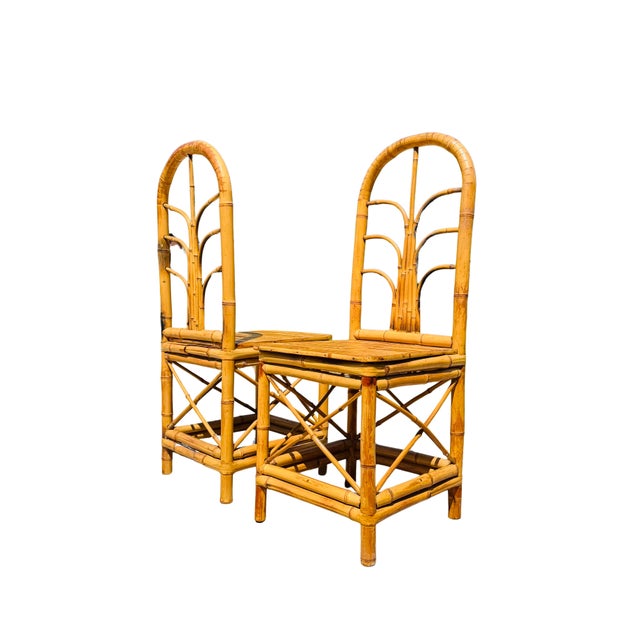Mid 20th Century Pair of Vintage Hollywood Regency Bamboo & Rattan Dining Chairs | Palm Beach Coastal Chinoiserie Bent Bamboo High-Back Accent Chairs For Sale - Image 5 of 13