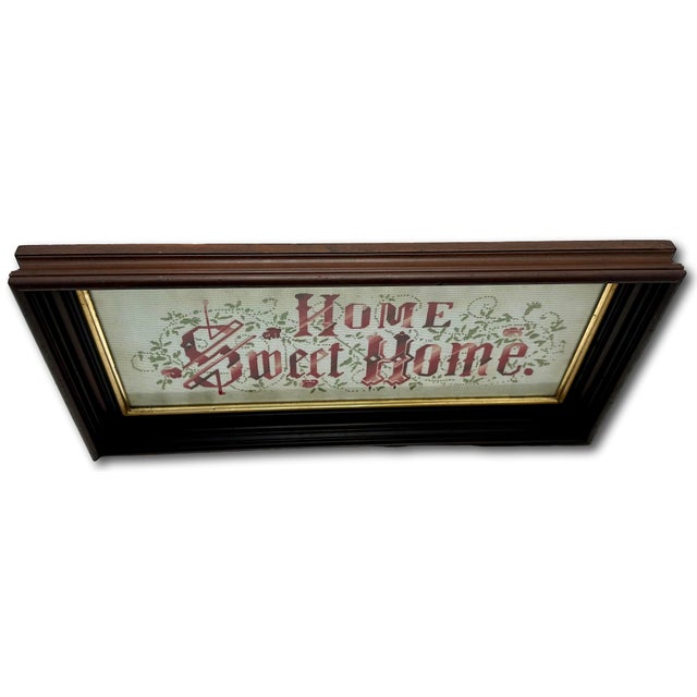Ruby Red Classic Antique American Victorian Embroidered "Home Sweet Home" Motto in Original Black Walnut Frame For Sale - Image 8 of 12