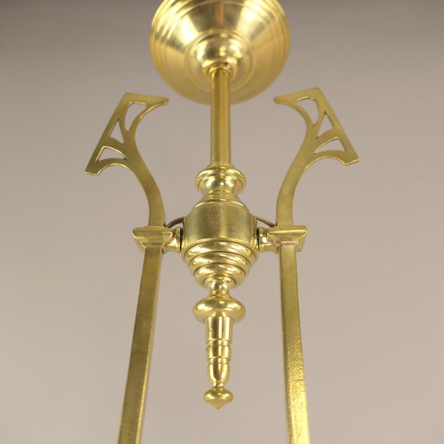 Art Nouveau Brass Chandelier with Vaseline Glass Lampshades, England, 1910s For Sale - Image 3 of 10