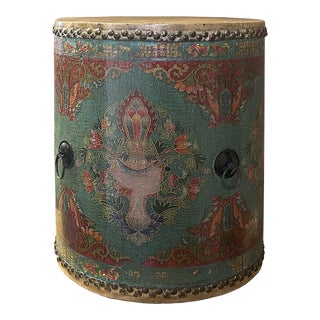 Distressed Chinese Tibetan Drum Shape Turquoise Aqua Floral Side Table For Sale