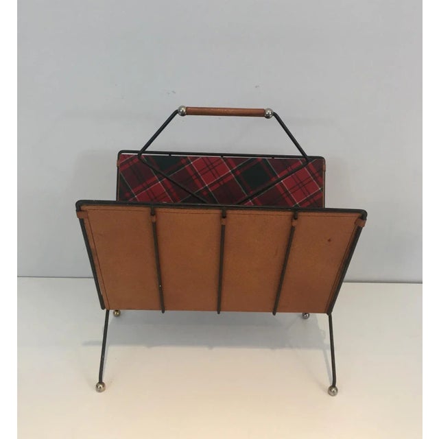 Metal Black Lacquered Metal, Leather and Plaid Fabric Magazine Rack For Sale - Image 7 of 13