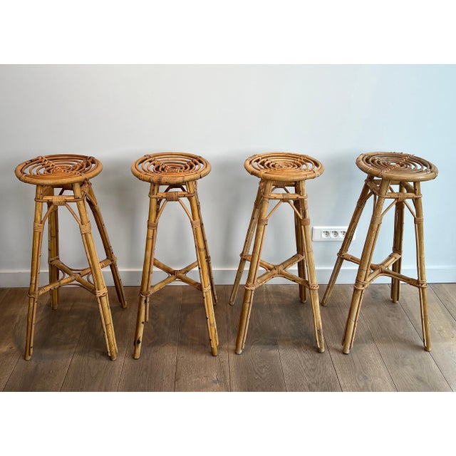 Mid-Century Modern Set of 4 rattan stools. French. Circa 1970 For Sale - Image 3 of 12