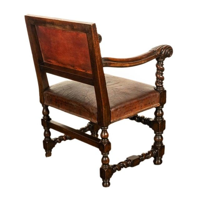 Wood Antique Italian Baroque Leather & Barley Twist Carved Mahogany Arm Chair 1820 For Sale - Image 7 of 14