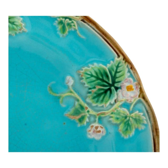 Turquoise George Jones Strawberry Blossom Cabinet Plate, Late 19th Century English Majolica For Sale - Image 8 of 8