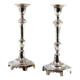 Silver Candlesticks with Turned Shafts and Hexagonal Bases with Friezes, Set of 2 For Sale