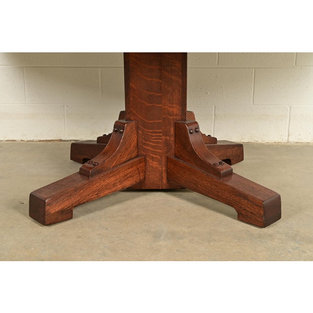 Stickley Brothers Antique Mission Oak Arts & Crafts Pedestal Extension Dining Table, Newly Refinished For Sale - Image 12 of 15
