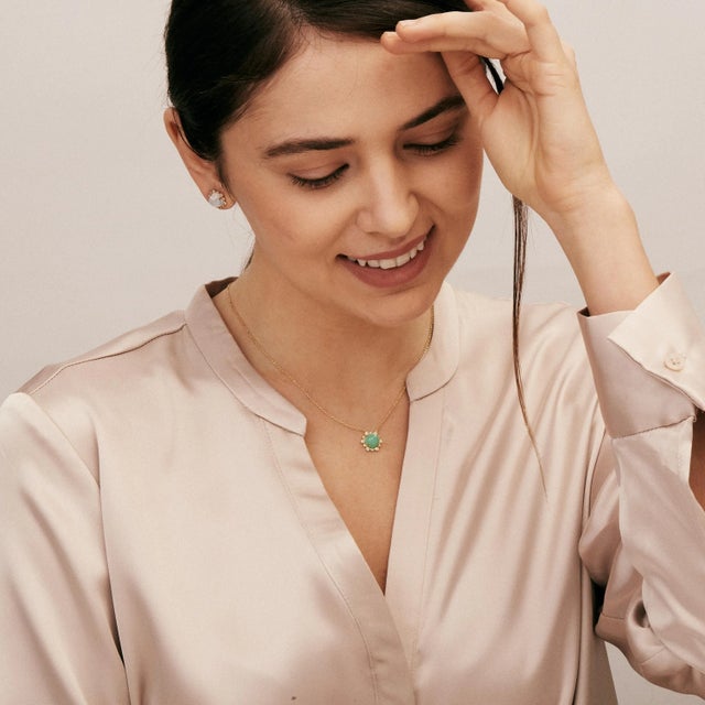 Contemporary Syna Yellow Gold Chrysoprase Necklace with Diamonds For Sale - Image 3 of 5