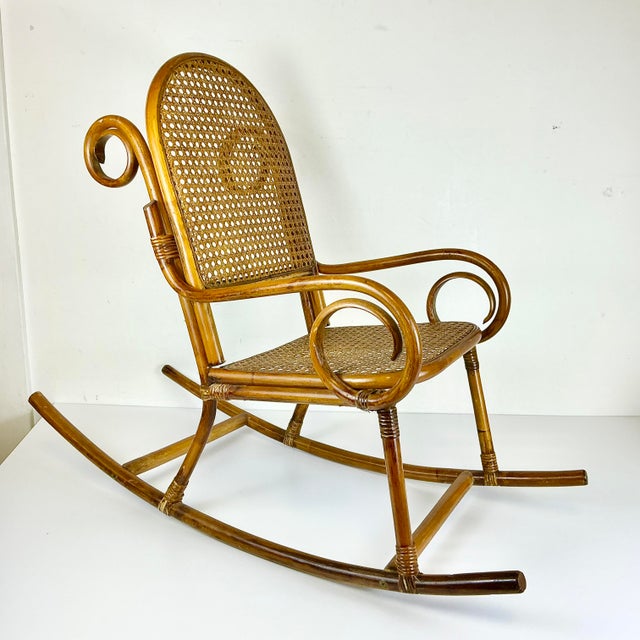 Early 20th C French Boho Chic Coastal Child-Size Bentwood & Cane Rocking Chair, After Thonet For Sale - Image 6 of 15